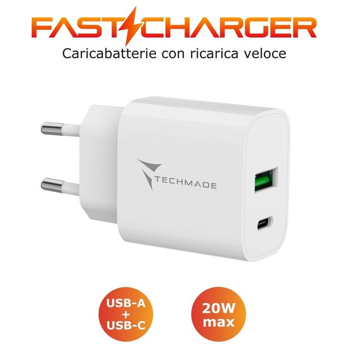 Techmade Caricabatteria 20W con Porta Usb-C  Usb-A