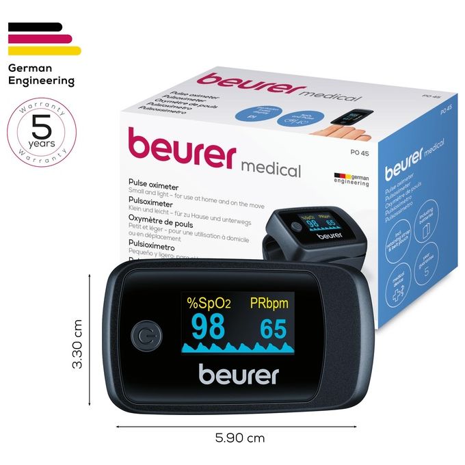 Beurer PO 45 Pulsossimetro per il Monitoraggio della Saturazione di Ossigeno nel Sangue del Battito Cardiaco e Indice di Perfusione