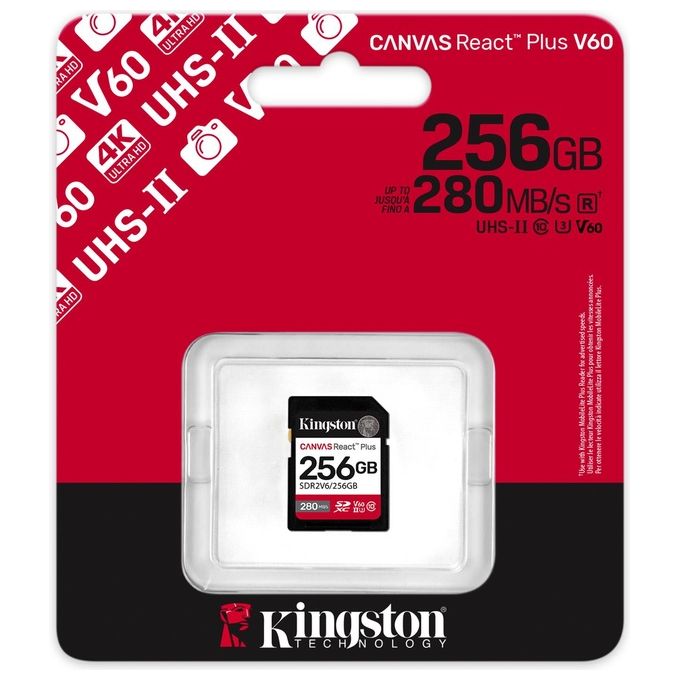 Kingston Technology 256Gb Canvas React Plus SDXC UHS-II 280R-150W U3 V60 for Full HD-4K