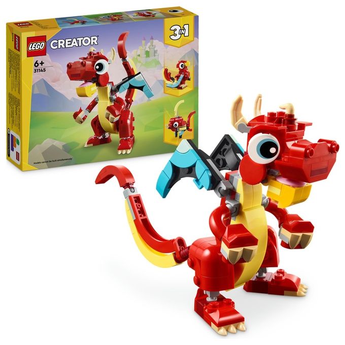 LEGO Creator 31145 3in1 Drago Rosso, Giochi per Bambini di 6+ Anni, Action Figure Ricostruibile in Pesce e Fenice Giocattolo