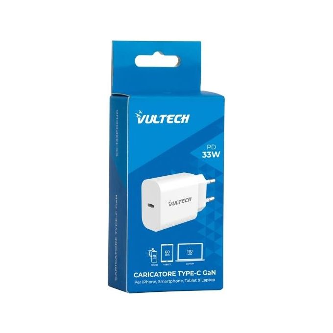 VulTech Caricatore Adattatore Universale 1 Porta Type-C PD33 QC 3.0 Gan 33W PPS Bianco