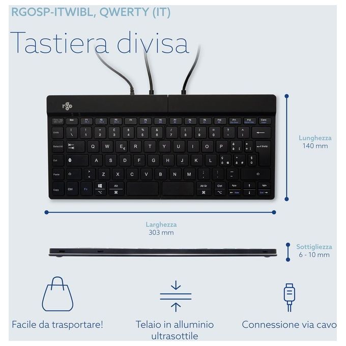 R-Go Tools R-Go Split Tastiera Ergonomico QWERTY (IT) Nero Cablata