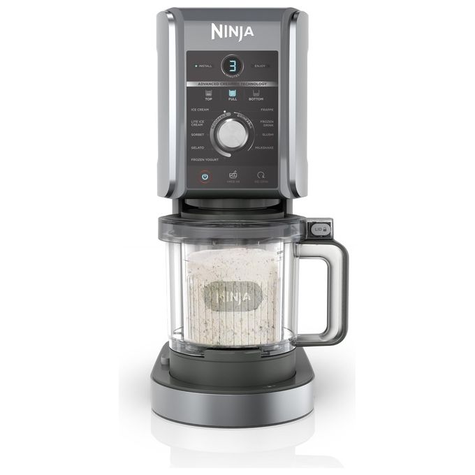 Ninja CREAMi Deluxe NC501EU - Gelatiera turbina elettrica con compressore, capacita' 2,1 L, potenza 800 W, 3 vaschette da 709 ml, 10 programmi (gelato, sorbetto, frappé…), funzione CREAMify, timer digitale, pezzi lavabili in lavastoviglie, Nero-Grigio