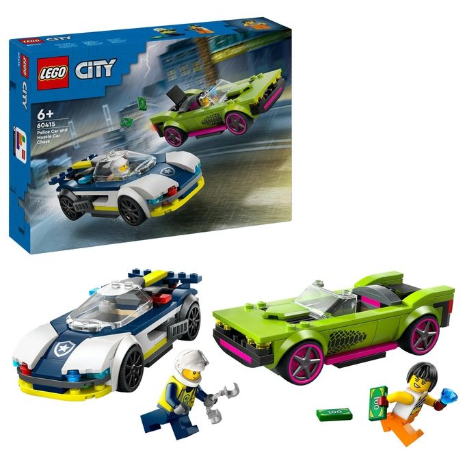 LEGO City 60415 Inseguimento della Macchina da Corsa, 2 Modellini di Auto della Polizia, Giocattolo per Bambini di 6+ Anni