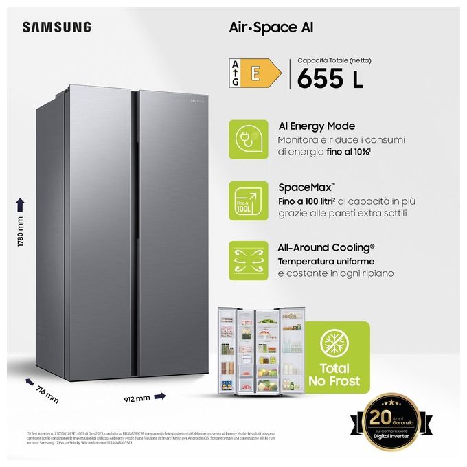 Samsung RS62DG5003S9-EF Frigorifero Side by Side No Frost Classe E Capacita' 655 Litri Wi-Fi SmartThings colore Acciaio