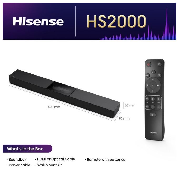 Hisense HS2000 Soundbar 2.1 con subwoofer integrato 240W Supporta Dolby Digital Plus e DTS Virtual:X Bluetooth HDMI USB Ingresso Audio Ottico