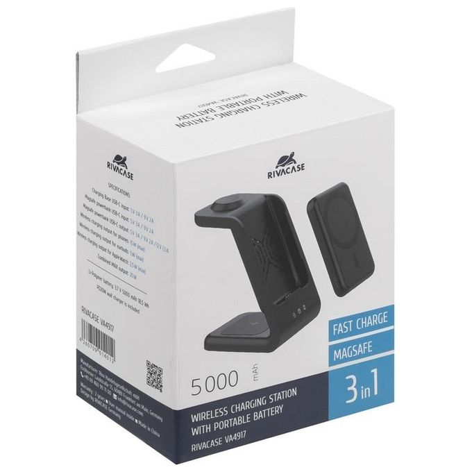 Rivacase VA4917 Caricabatterie Wireless Qi 15W con Batteria Esterna con Funzione di Ricarica Rapida Qc-Pd 5000 Mah
