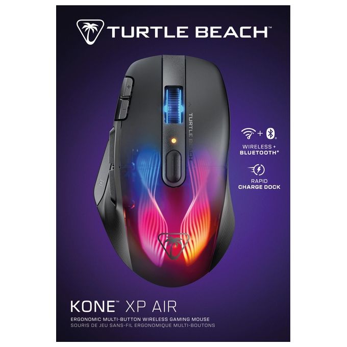 Turtle Beach Kone XP Air - Mouse da gioco wireless RGB ergonomico personalizzabile sensore ottico a 19K DPI 100 ore di batteria e base di ricarica - Nero