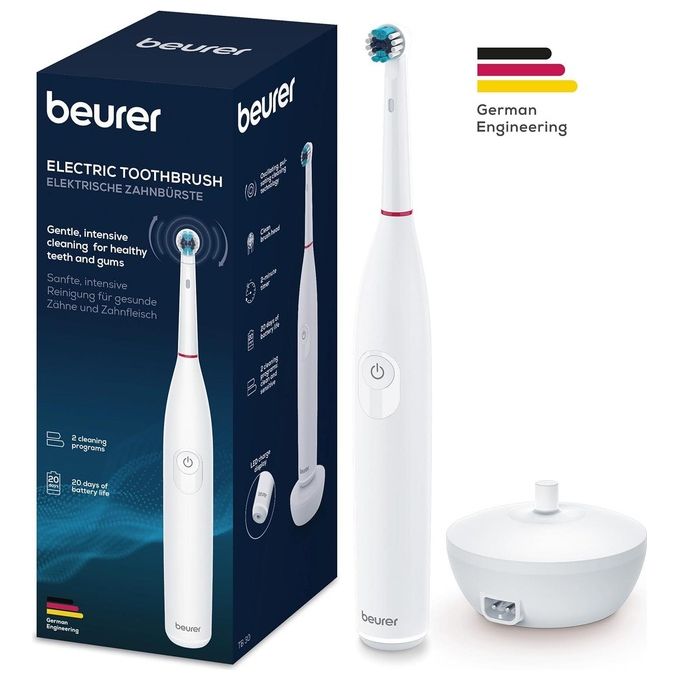 Beurer TB 30 - Spazzolino elettrico oscillante-rotante, 2 modalita' (Clean, Sensitive), timer da 2 min, autonomia 20 giorni, ricaricabile con stazione induttiva + USB, testina Clean inclusa, sensore di pressione, display LED, Bianco