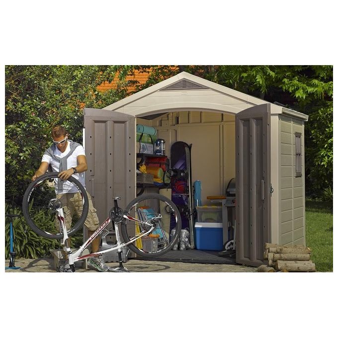 Keter K209871 Factor Casetta da Giardino in Resina 256.5x182x243 cm Pavimento Incluso 2 Mensole colore Beige