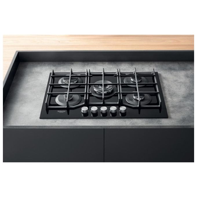 Hotpoint HAGS 72F-BK Serie Cristallo Nero Piano Cottura a Gas 5 Zone 1 Doppia Corona MyMenu Flame Control Griglie in ghisa 73 cm Nero