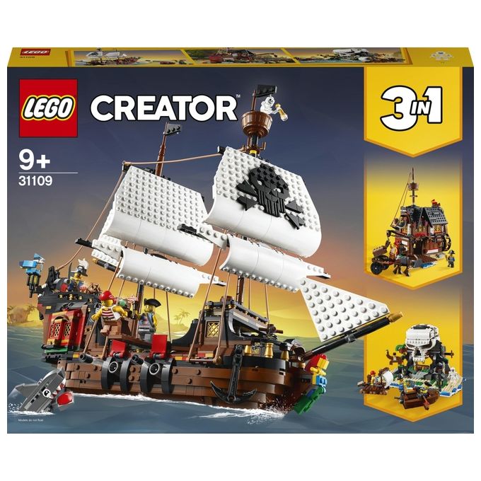 LEGO Creator 31109 Galeone dei Pirati, Set 3 in 1 con Nave Giocattolo, Locanda e Isola del Teschio, Minifigure e Squalo