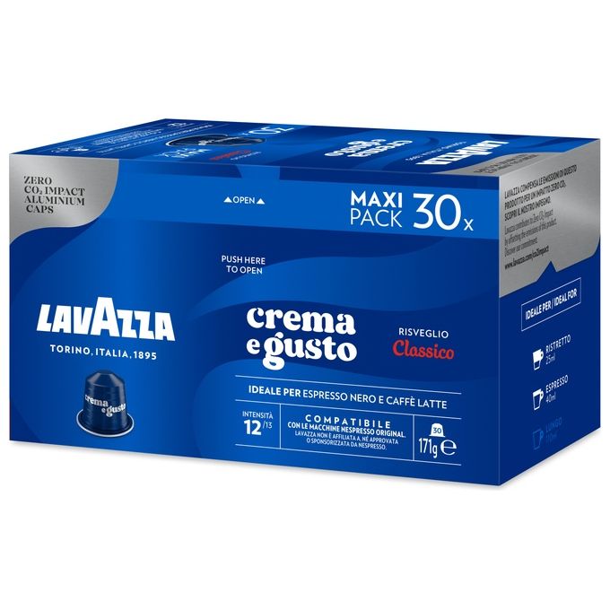 Lavazza Crema e Gusto Classico - Capsule compatibili Nespresso, miscela di Arabica e Robusta intensita' 12-13, gusto pieno con note di cioccolato, confezione da 30 capsule in alluminio monodose, confezionate in atmosfera protettiva, capsule riciclabili, c