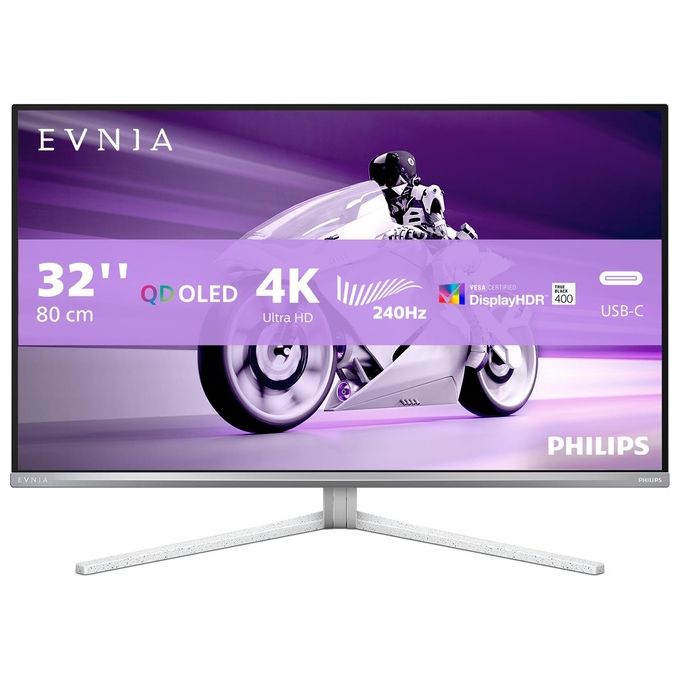Philips Evnia 32M2N8900 Monitor da gioco OLED UHD da 32'' 240 Hz 003 ms HDR400 FreeSync Prem. Pro G-Sync comp. (3840x2160 2x HDMI 2.1 1x DP 1.4 1x USB-C (65 W PD) hub USB) bianco