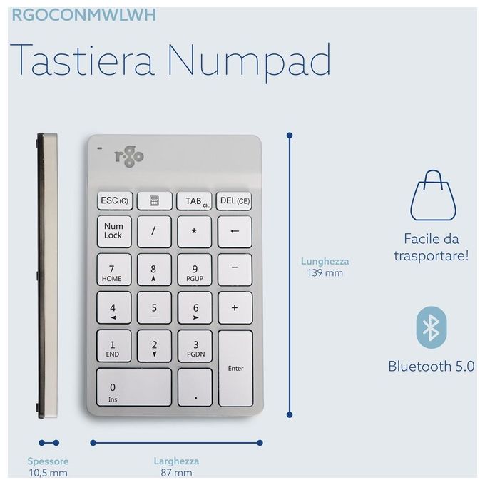 R-Go Tools RGOCONMWLWH Tastierino Numerico Computer Portatile Bluetooth Bianco