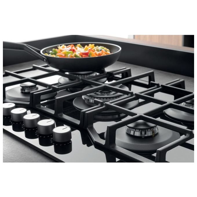 Hotpoint HAGS 72F-BK Serie Cristallo Nero Piano Cottura a Gas 5 Zone 1 Doppia Corona MyMenu Flame Control Griglie in ghisa 73 cm Nero