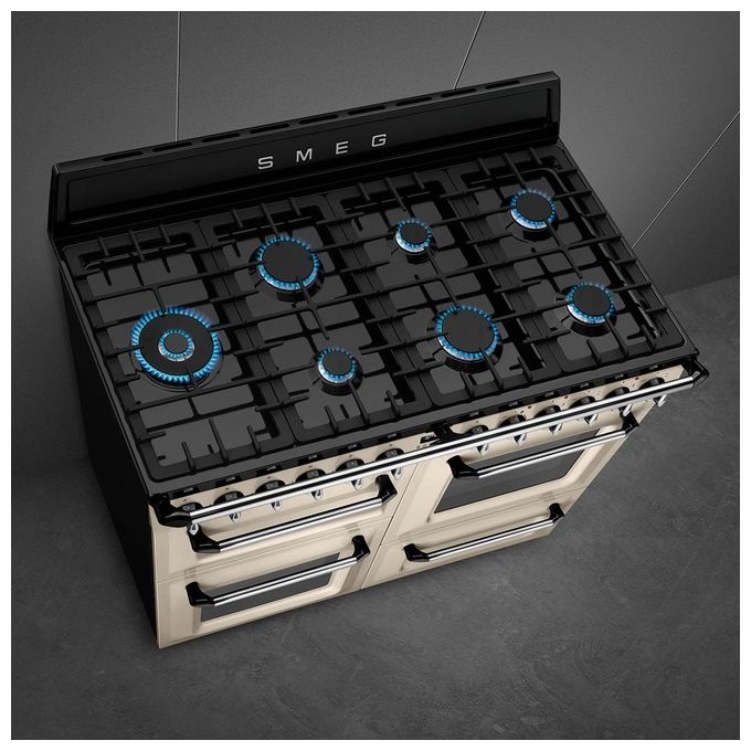Smeg TR4110P1 Cucina a Gas con Forno Elettrico Multifunzione Termoventilato + Ventilato Estetica Victoria 7 Fuochi Griglie in Ghisa Classe energetica A Vapor Clean 110x60 cm Panna