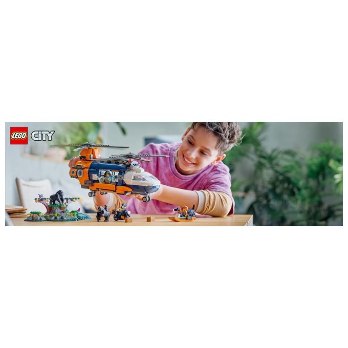 LEGO City Elicottero dell'Esploratore nella Giungla Modellino di Veicolo Giocattolo da Costruire con Doppi Rotori Giochi per Bambini da 8 Anni con Campo Base 3 Animali Gorilla e 5 Minifigure 60437