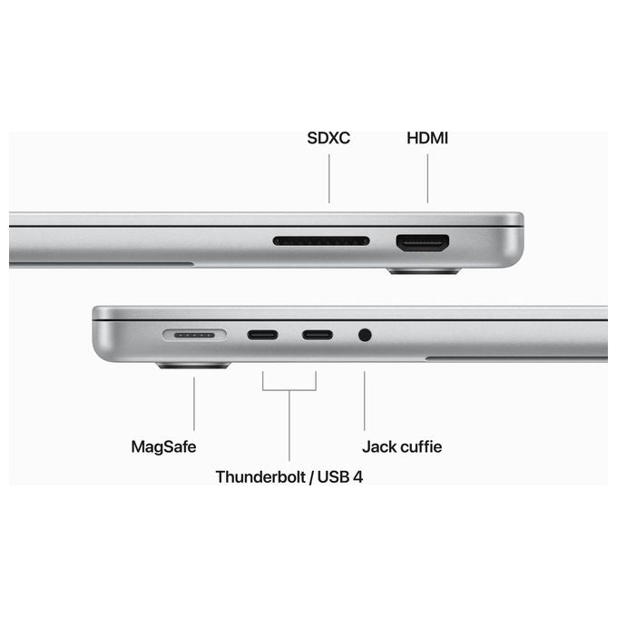 Apple MacBook Pro con Chip M3 CPU 8 Core GPU 10 Core Display Liquid Retina XDR 14.2'' 16Gb di Memoria Unificata 1Tb di Archiviazione SSD Argento