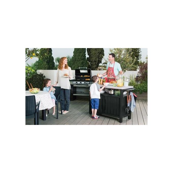 Keter tavolino in resina per BBQ con due ruote e due ante 123,70x54x90h UNITY XL grafite