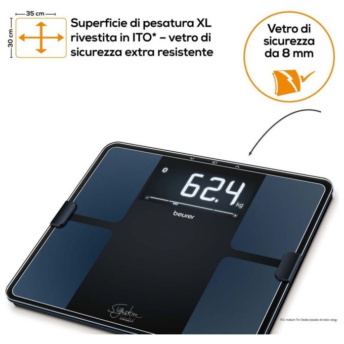 Beurer BF 915 BT Sig. Line Bilancia diagnostica in vetro connettibile - Design Signatureline - Display XL retroilluminato - grigio chiaro - 8 utenti in memoria