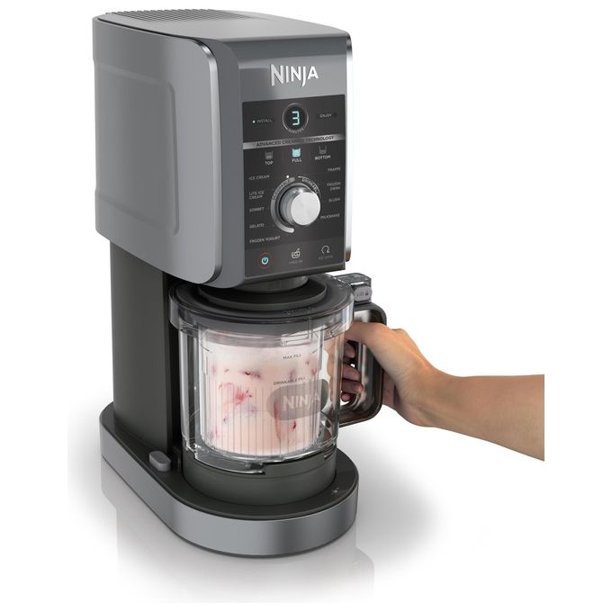 Ninja CREAMi Deluxe NC501EU - Gelatiera turbina elettrica con compressore, capacita' 2,1 L, potenza 800 W, 3 vaschette da 709 ml, 10 programmi (gelato, sorbetto, frappé…), funzione CREAMify, timer digitale, pezzi lavabili in lavastoviglie, Nero-Grigio