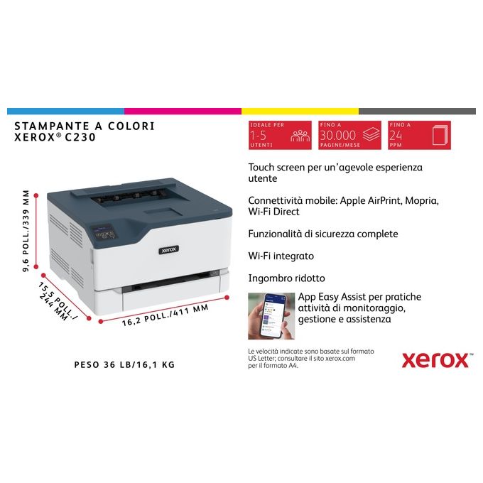 Xerox C230 Stampante A4 22ppm Fronte-Retro Wireless PS3 PCL5e-6 2 Vassoi Totale 251 Fogli