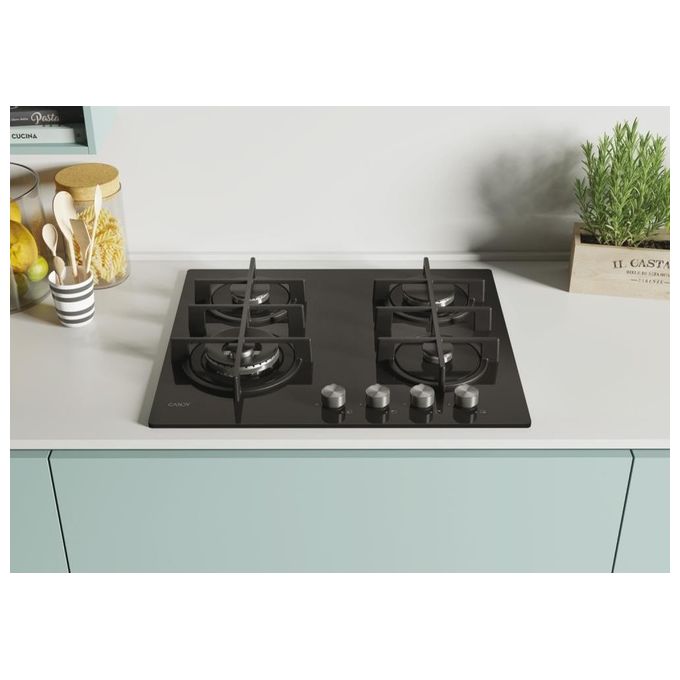 Candy CDK6GF4WEKB New Timeless GOG Piano Cottura a Gas su vetro 4 zone Manopole New Timeless Big Front DC Griglie in ghisa 60 cm 4 livelli di potenza Nero