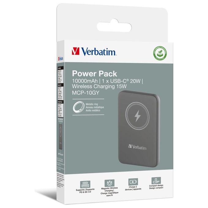 Verbatim Charge 'n' Go Polimeri di Litio 10000 Mah Carica Wireless Grigio