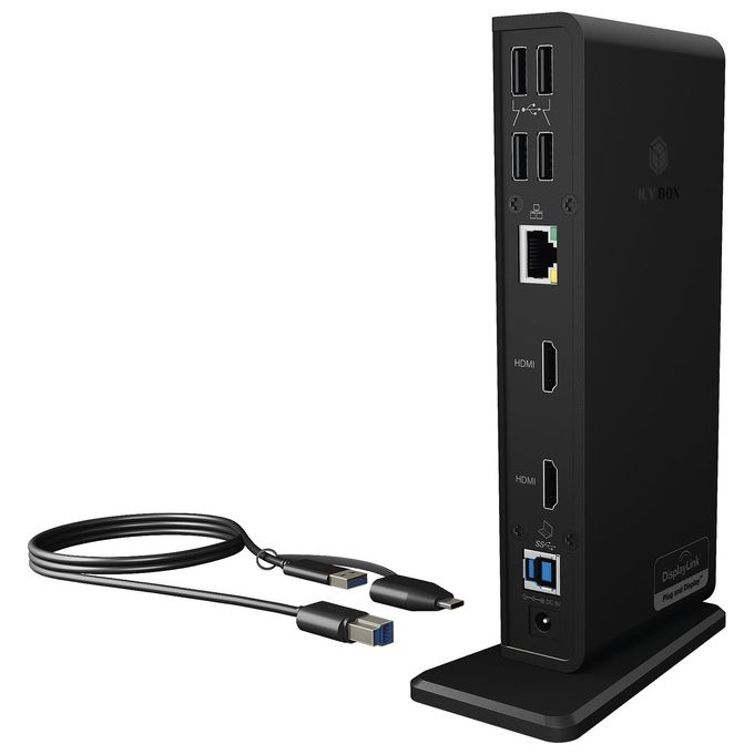 Raidsonic ICY BOX IB-DK2251AC Docking Station USB 3.0 e USB-C con 2 HDMI Hub USB a 6 vie LAN Audio con Supporto Nero