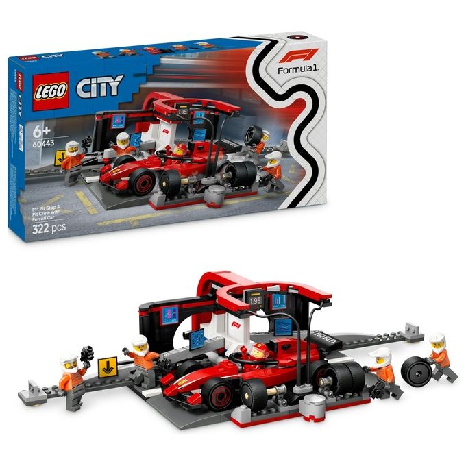 Lego 60443 City Formula 1 Set da Costruzione Pit Stop e Meccanici con Monoposto Ferrari F1 322 Pezzi 5 Minifigure eta' 6+