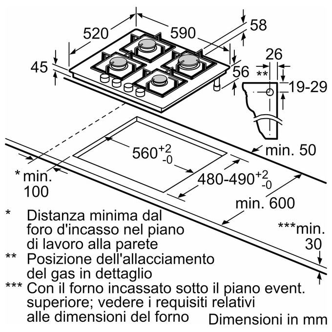 Bosch Serie 4 PNP6B6K40 Piano cottura a gas in vetro temperato 60 cm 4 fuochi griglie in ghisa nero