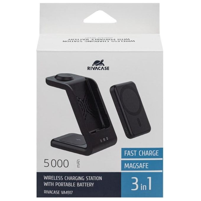 Rivacase VA4917 Caricabatterie Wireless Qi 15W con Batteria Esterna con Funzione di Ricarica Rapida Qc-Pd 5000 Mah