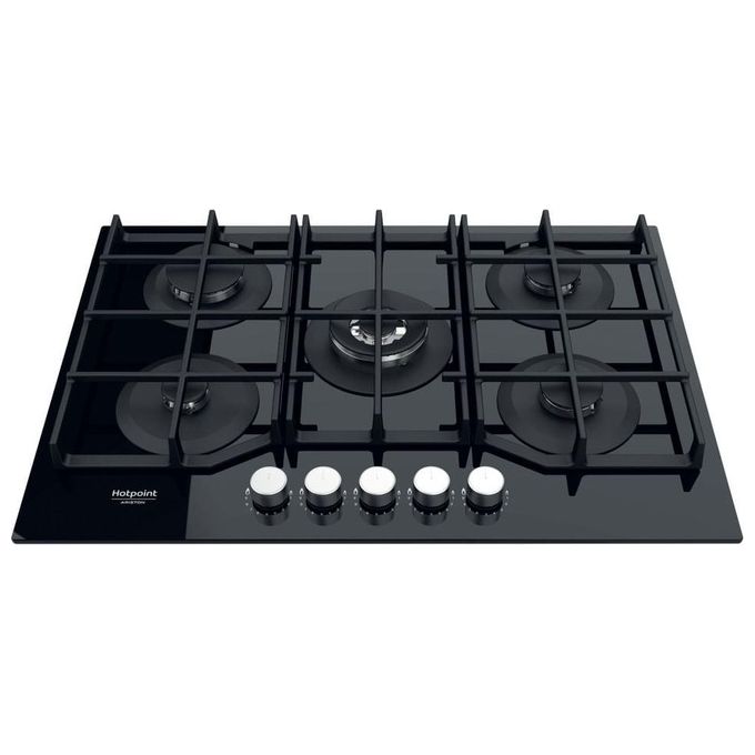 Hotpoint HAGS 72F-BK Serie Cristallo Nero Piano Cottura a Gas 5 Zone 1 Doppia Corona MyMenu Flame Control Griglie in ghisa 73 cm Nero