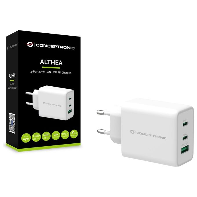 Conceptronic ALTHEA12W Caricabatterie 3 Porte 65W GaN USB PD Bianco