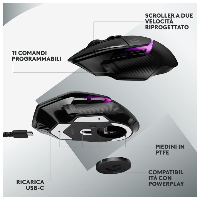Logitech G G502 X PLUS Mouse Gaming Wireless LIGHTSPEED RGB - Mouse Ottico con Switch Ibridi LIGHTFORCE, LIGHTSYNC RGB, Sensore per Gaming HERO 25K, Compatibile con PC - macOS-Windows - Nero