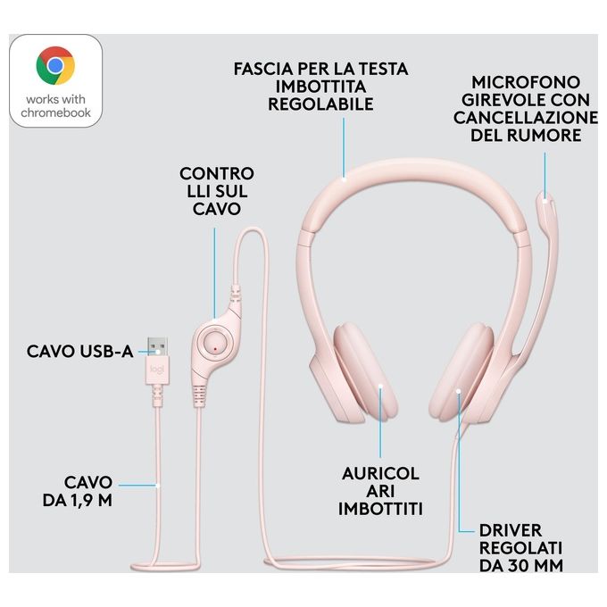 Logitech H390 Auricolare Cablato a Padiglione Ufficio USB Tipo A Rosa