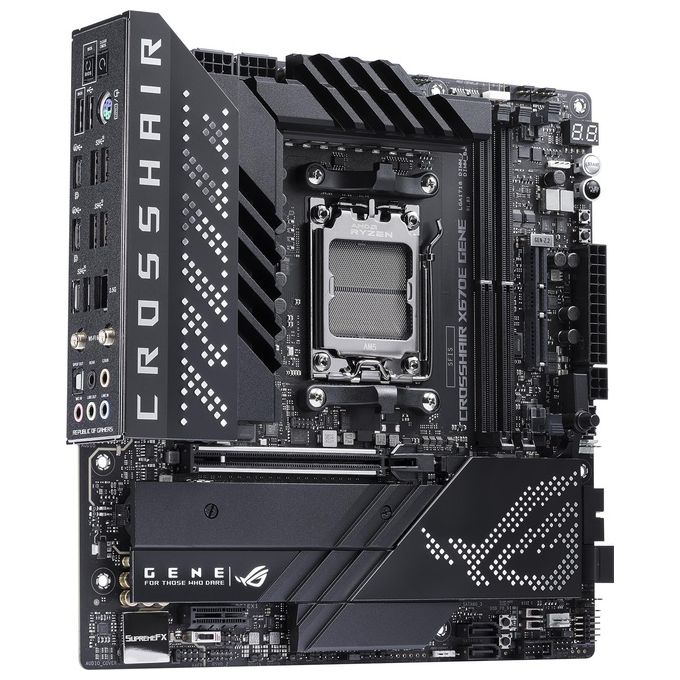 ASUS ROG CROSSHAIR X670E GENE, Scheda Madre Gaming micro-ATX, AMD AM5, DDR5, PCI 5.0, Intel 2.5Gb Ethernet, WiFi 6E (802.11ax), ROG Supreme 7.1 Surround, 3xM.2, 4xSATA 6GB-s, Aura Sync RGB, Nero