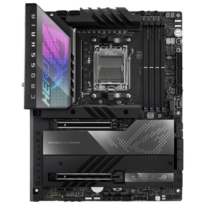 ASUS ROG CROSSHAIR X670E HERO, Scheda Madre Gaming ATX, AMD X670, AMD AM5, DDR5, PCI 5.0, Intel 2.5Gb Ethernet, WiFi 6E (802.11ax), ROG SupremeFX 7.1 Surround, 5xM.2, 6xSATA 6GB-s, Aura Sync RGB, Nero