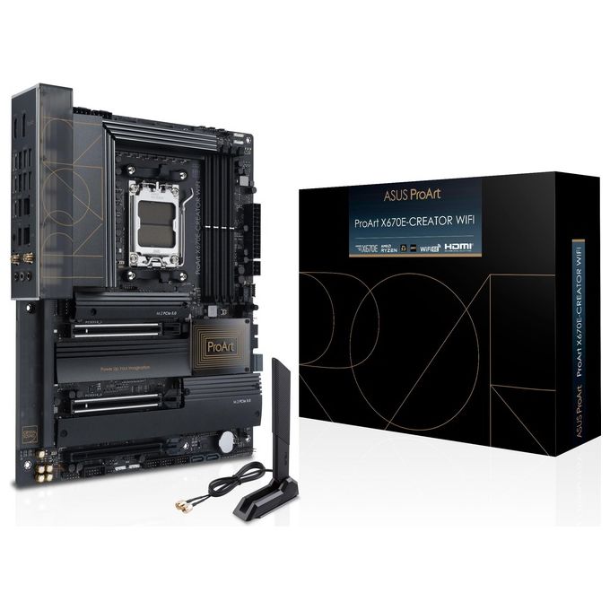 ASUS ProArt X670E-CREATOR WIFI, Scheda Madre ATX, AMD X670, AMD AM5, DDR5, PCI 5.0, Intel 2.5Gb e Marvell AQtion 10Gb Ethernet, WiFi 6E (802.11ax), Realtek 7.1 Surround, 3xM.2, 6xSATA 6GB-s, Nero