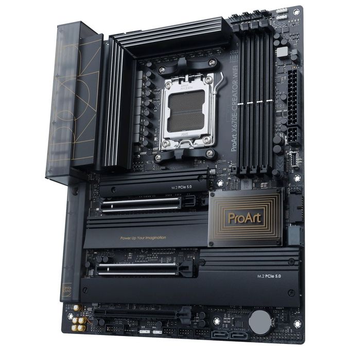 ASUS ProArt X670E-CREATOR WIFI, Scheda Madre ATX, AMD X670, AMD AM5, DDR5, PCI 5.0, Intel 2.5Gb e Marvell AQtion 10Gb Ethernet, WiFi 6E (802.11ax), Realtek 7.1 Surround, 3xM.2, 6xSATA 6GB-s, Nero