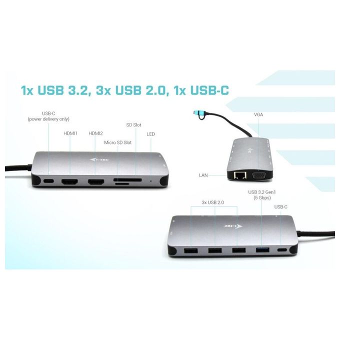 I-Tec USB 3.0 USB-C-Thunderbolt 3x Display Metal Nano Dock with LAN  Power Delivery 100W