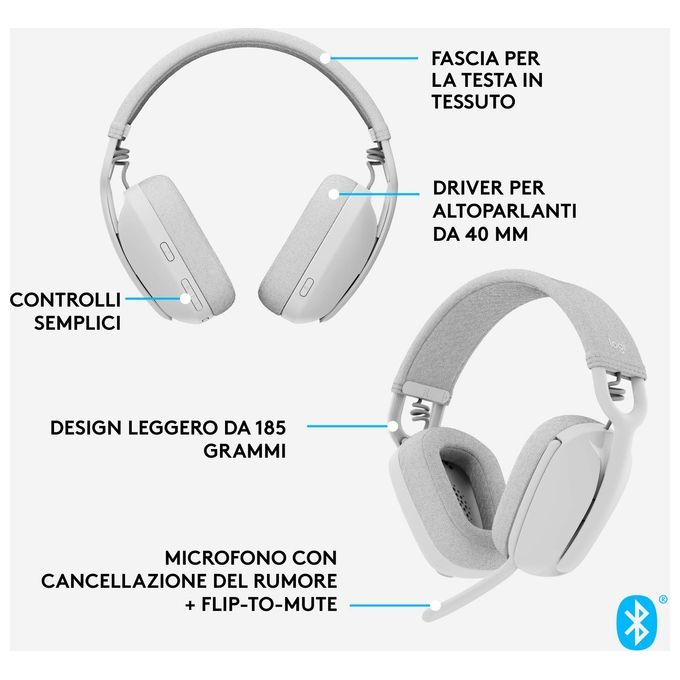 Logitech Zone Vibe 100 Auricolare Wireless a Padiglione Musica e Chiamate Bluetooth Bianco