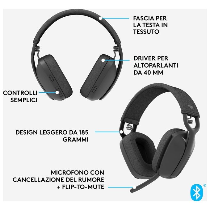 Logitech Zone Vibe 100 Cuffie Wireless a Padiglione Bluetooth Grafite