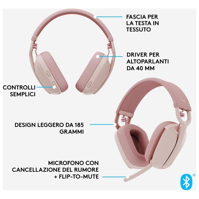 Logitech Zone Vibe 100 Auricolare Wireless a Padiglione Musica e Chiamate Bluetooth Rosa