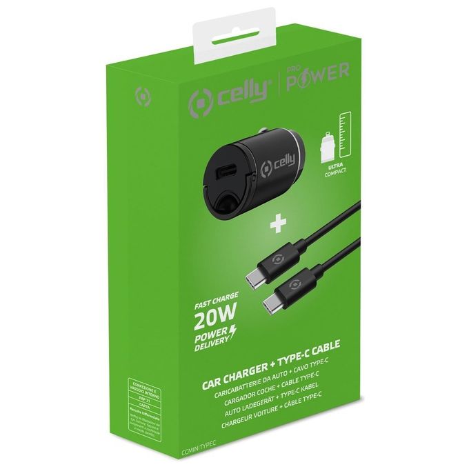 Celly Kit Usb-C Caricatore da Auto con Cavo Usb-C 20W