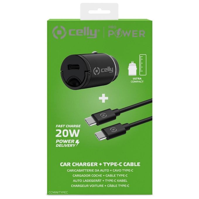 Celly Kit Usb-C Caricatore da Auto con Cavo Usb-C 20W