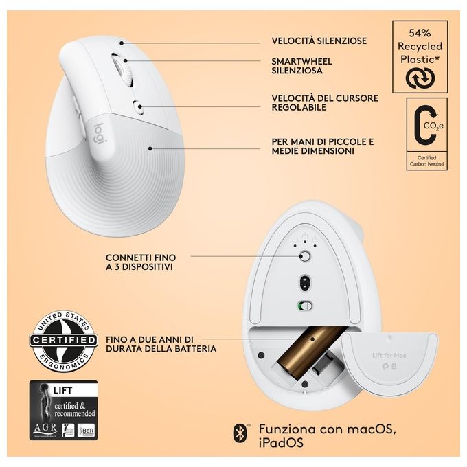 Logitech Lift For Mac Mouse Mano Destra Rf Wireless Ottico 4000 Dpi