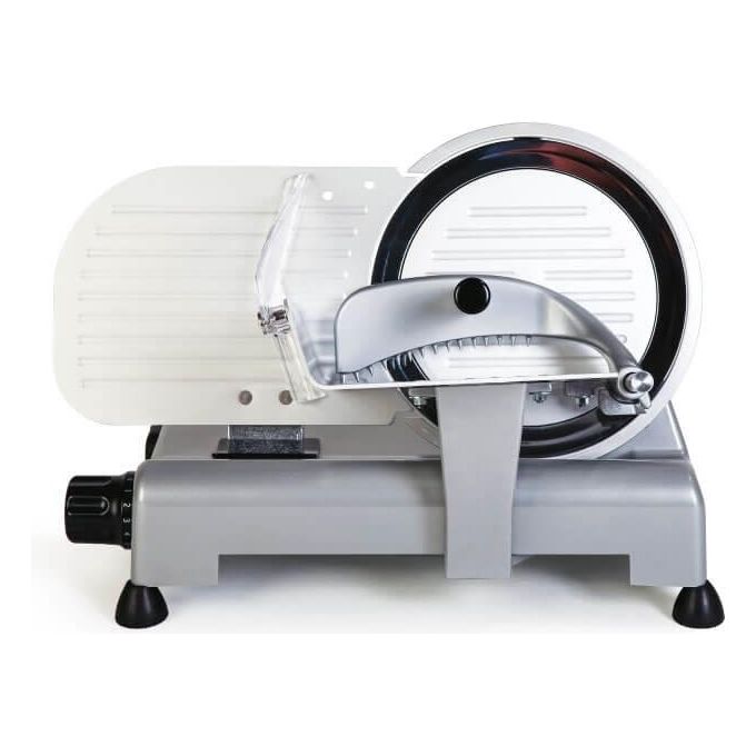 RGV AF 220 AM Desy – Affettatrice 220 mm, potenza 140 W, spessore regolabile fino a 15 mm, lama in acciaio temprato, struttura compatta in alluminio, sicurezza migliorata con coprilama e pressamerce, colore Alluminio