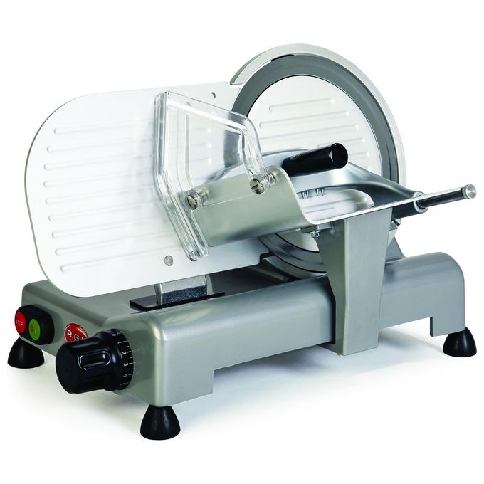 RGV AF 220 AM Desy – Affettatrice 220 mm, potenza 140 W, spessore regolabile fino a 15 mm, lama in acciaio temprato, struttura compatta in alluminio, sicurezza migliorata con coprilama e pressamerce, colore Alluminio